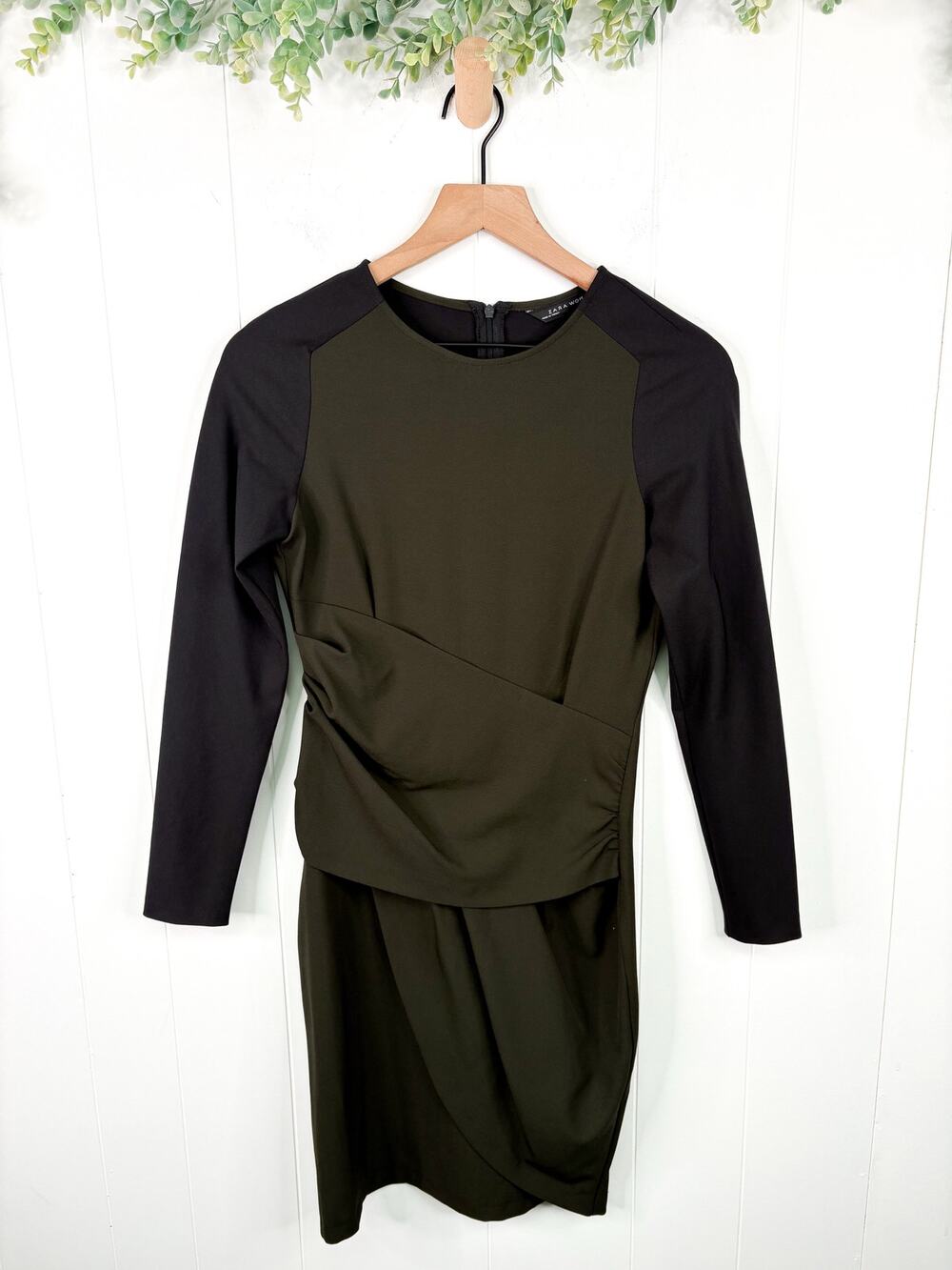 Zara Olive Green Crepe Draped Sheath Dress XS Black Long Sleeve